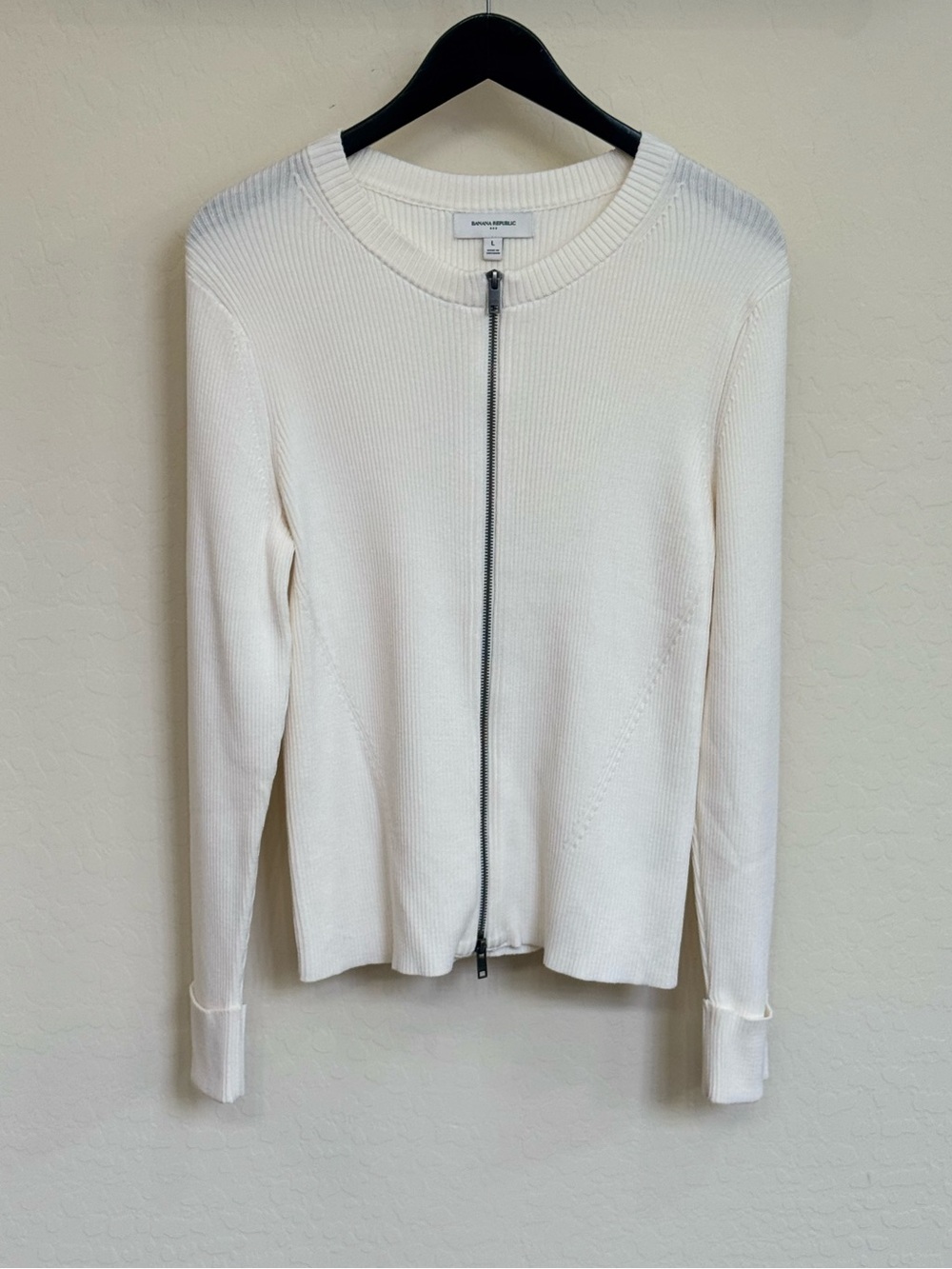 Banana Republic Cream Ribbed Knit Full Zip Cardigan Sweater Size L Large